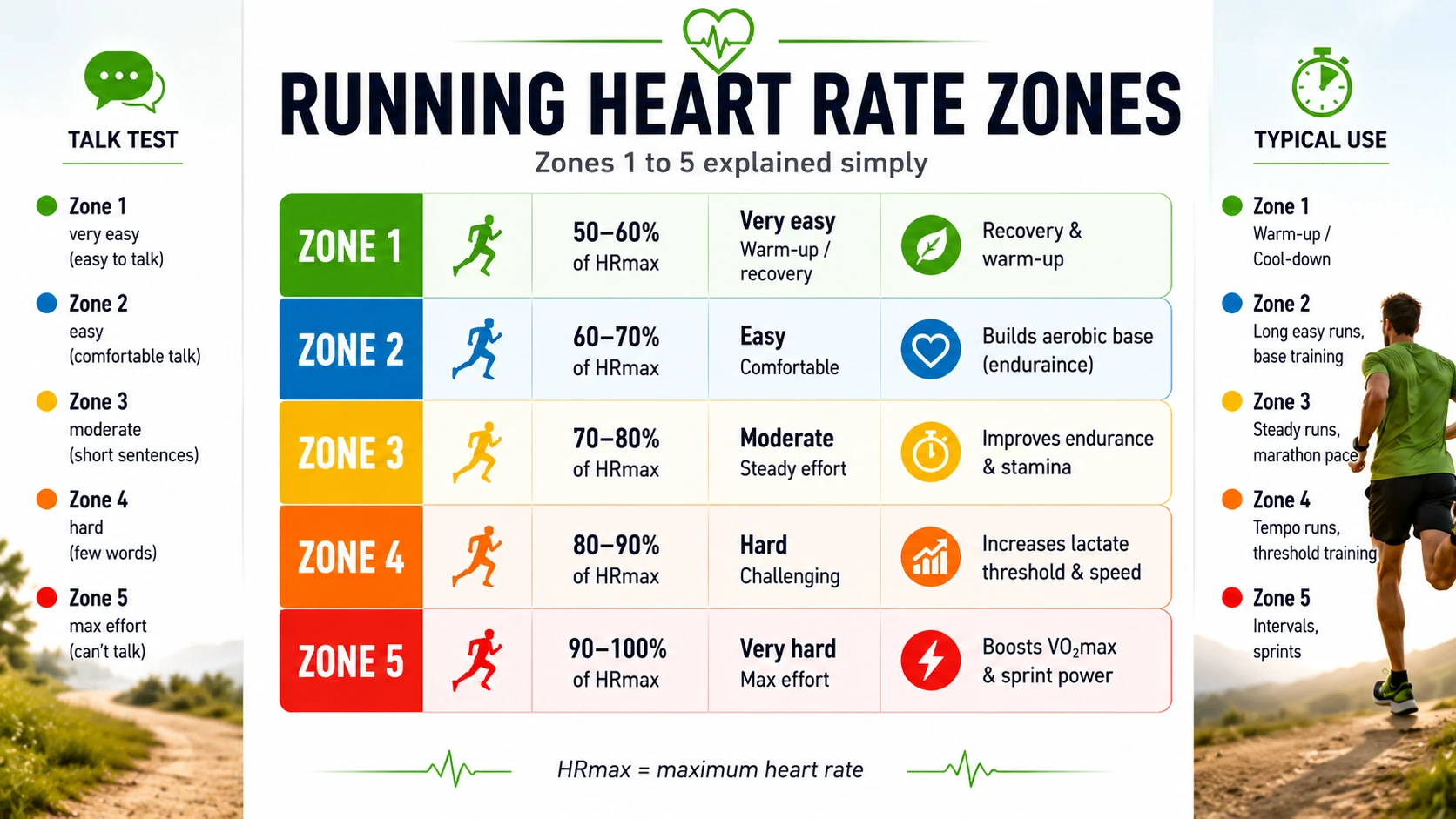 Running heart rate zones from Zone 1 to Zone 5 with heart rate ranges, talk test and typical training use