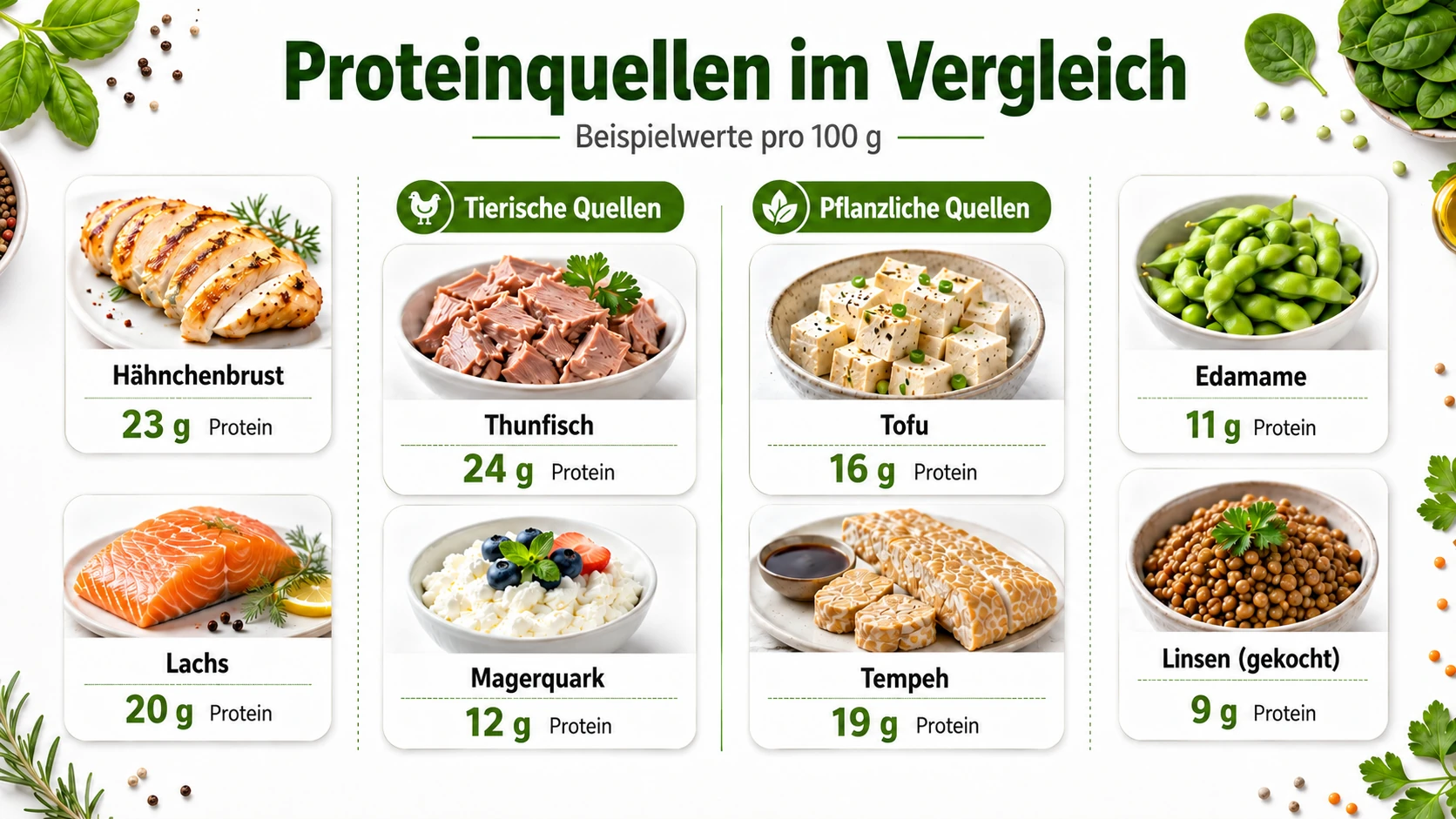 Tierische und pflanzliche Proteinquellen im Vergleich mit Proteinwerten pro 100 Gramm