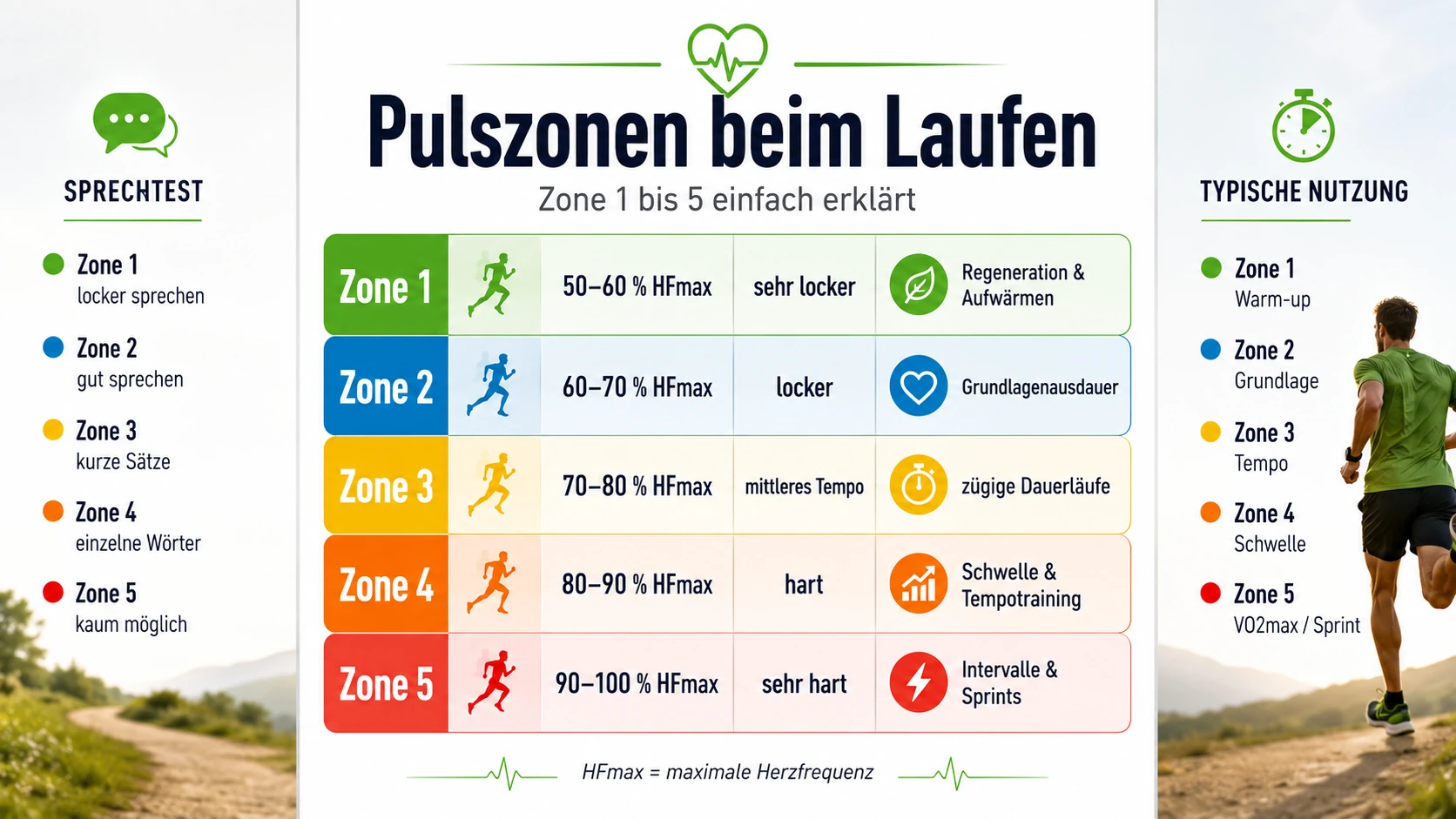 Pulszonen beim Laufen von Zone 1 bis Zone 5 mit Herzfrequenzbereichen, Sprechtest und typischer Nutzung