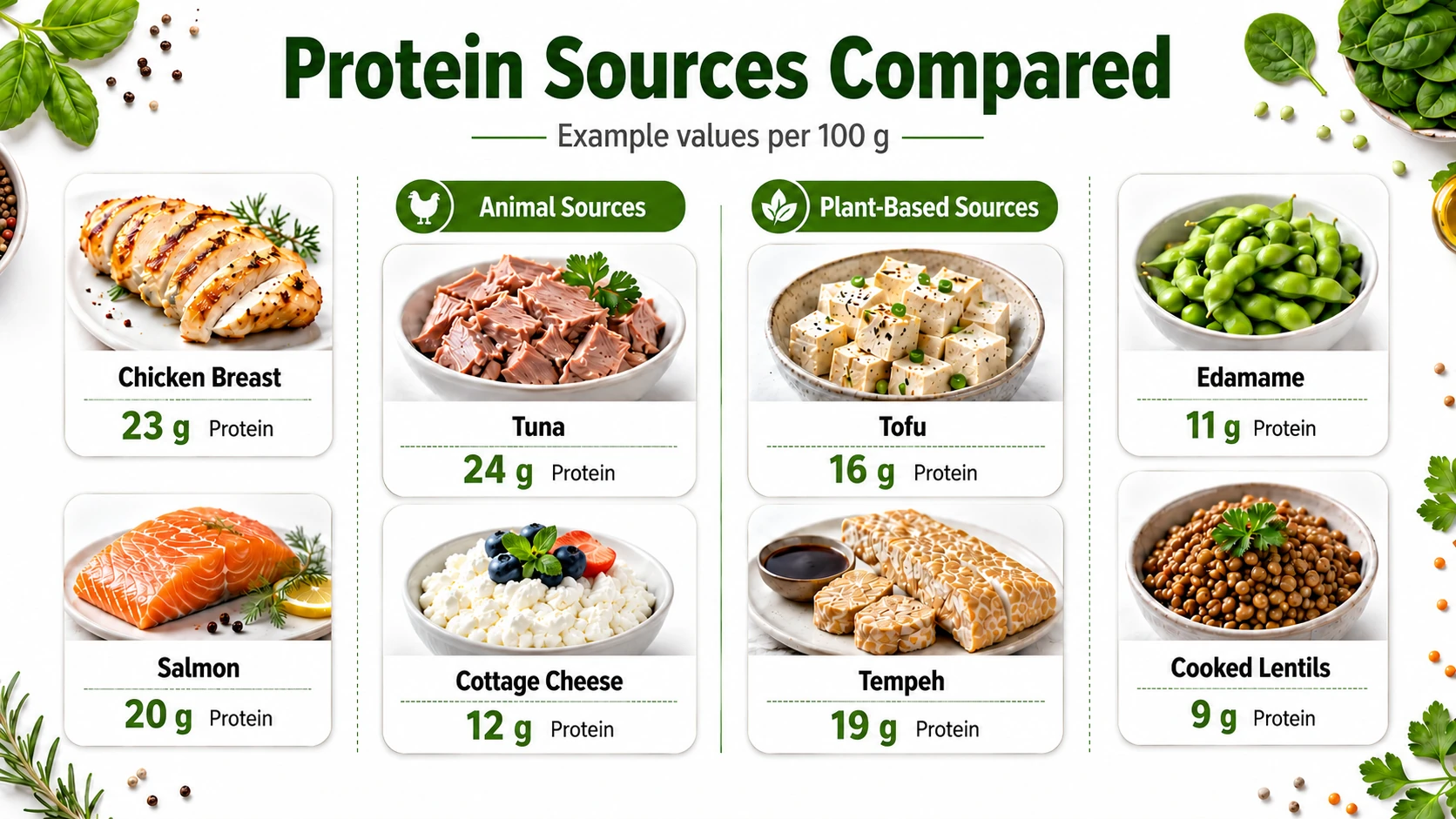 Animal-based and plant-based protein sources compared with example protein values per 100 grams
