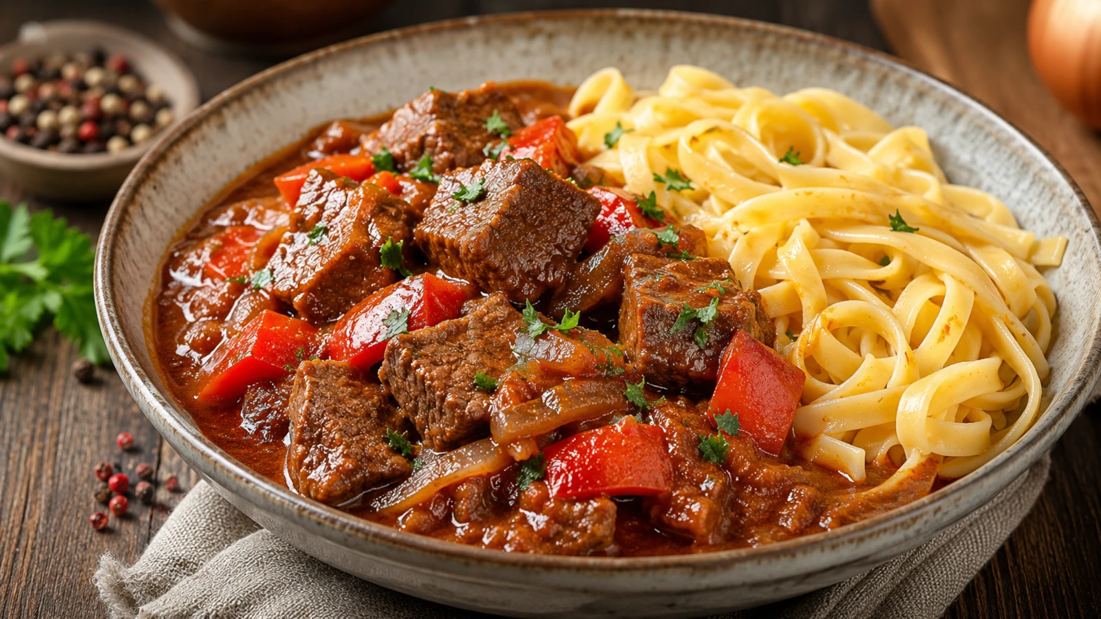 Klassisches Rindergulasch mit Tagliatelle
